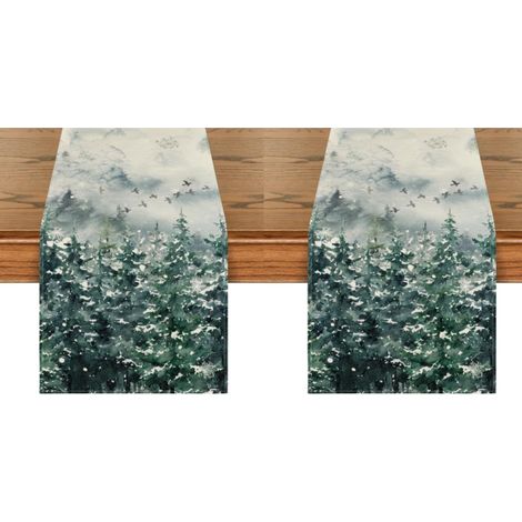 Camino de mesa navideño con abeto verde nevado, decoración de mesa invernal para fiestas en la cocina y el hogar, 33 x 183 cm (2 piezas) (1/5)