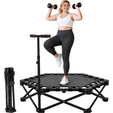 122cm foldable mini trampoline, 200 kg capacity, 95% pre-assembled, quiet bungee rebounder with adjustable handrail for indoor fitness