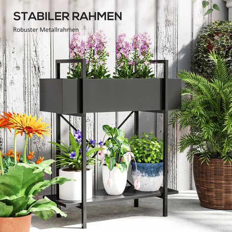 Support 2 étages pour plantes, étagère à fleurs métal noir pour intérieur/extérieur, présentoir végétal 70 cm, gradin multifonctionnel pour salon, jardin, balcon, déco. (1/5)