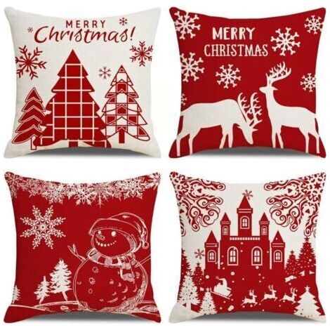 Housses de Coussin Joyeux Noël Lot de 4 Taie d'oreiller l'hiver Noël Wapiti Château Bonhomme de Neige Modèle Décoration pour Canapé Chambre Maison 45 x 45 cm