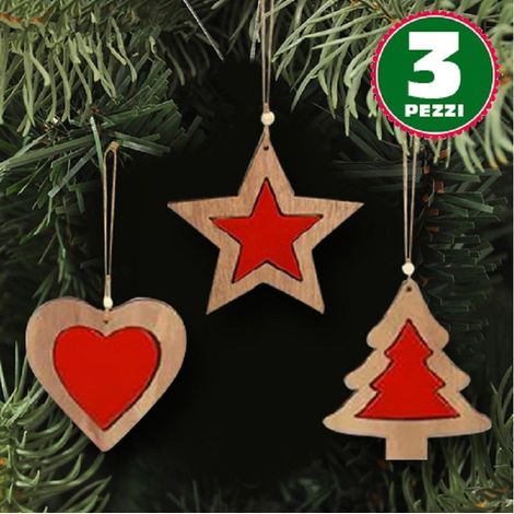 TrAdE Shop Traesio - 3 Appendini Natale In Legno Stella Albero Cuore Rosso Decorazioni Natalizie - (1/3)