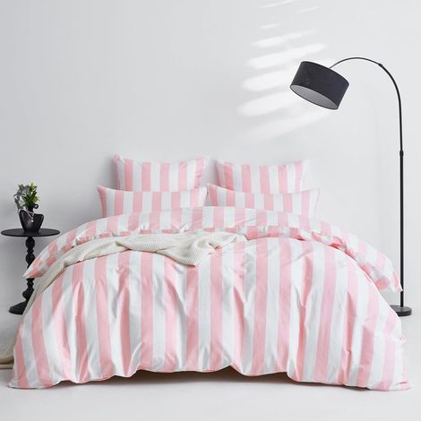 Housse de Couette 240 x 260 Coton Rose Blanc Rayé Parure de Lit 240 x 260 Coton Style Moderne Doux Respirant Linge de Lit 2 Personne avec Fermeture Éclair et 2 Taies d'oreiller 65x65 cm (1/5)