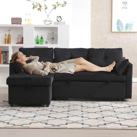 Sofá cama de pana negro 206 x 108 x 66 cm con arcón y chaise longue reversible (1/5)