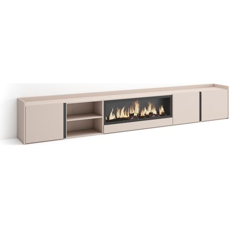 Skraut Home - Meuble TV, Banc Télé, Grand espace de Rangement, 315x35x50cm, Pour les TV jusqu'à 80", Cheminée électrique XXL, Style moderne, Beige (1/5)
