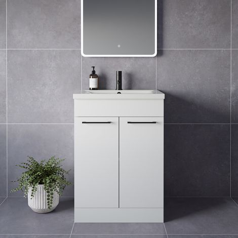 Napoli 460 Gloss White 600mm 2 Door Vanity Unit with Glide Basin - 600mm - Matt Black 160mm Handle