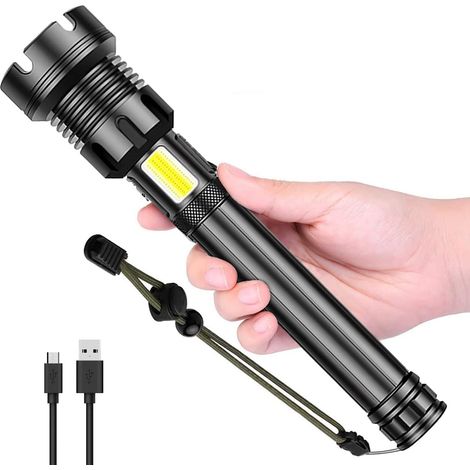 Lampe torche LED rechargeable haute luminosité (90 000 lumens), lampe torche tactique ultra-puissante avec batterie de 10 000 mAh, éclairage latéral, 7 modes d'éclairage. (1/5)