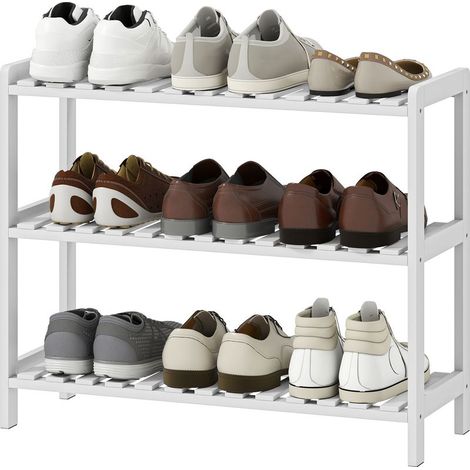 Étagère à chaussures, porte-chaussures 3 niveaux, étagères à lattes, en bois de pin, 70 x 26 x 57,5 cm, blanc (1/5)