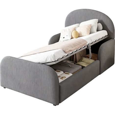 Lit Enfant Lit Simple avec Coffre Hydraulique, Barrières et Tête Haute 90 x 200 cm, sans Matelas, Gris (1/5)