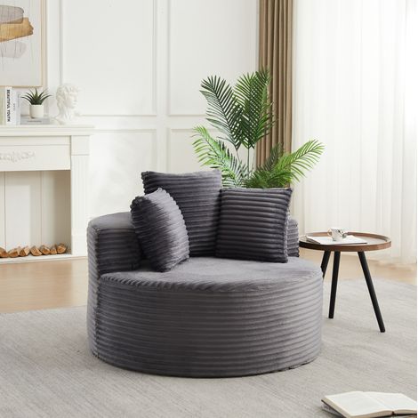 CHICFURN Poltrona rotonda 110x110x82 cm in velluto a coste nero con 3 cuscini, design minimalista (1/5)