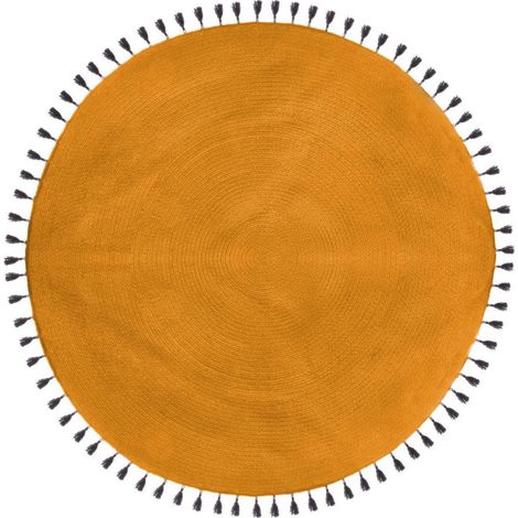 Atmosphera – Tapis rond en coton 120 cm – Tapis shaggy ocre avec pompons – Épaisseur 0,7 cm – Poids 1,9 kg pour décoration intérieure
