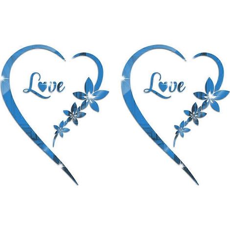 Lot de 2 stickers miroir acryliques en forme de cœur, bleus, pour chambre, salon ou mur derrière la télévision. (1/5)
