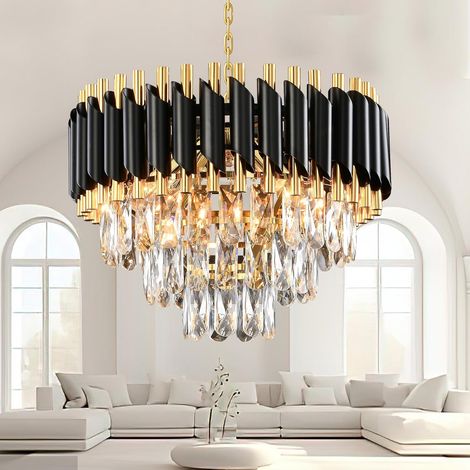 Lustre Golden Crystal Chandelier Lights, Modern Crystal Pendant Light, 3-Tier Raindrop Chandelier Light Fixture, 5xE14 lumières, pour le salon, la salle à manger, la chambre, le Restaurant, Ø40 cm (1/5)