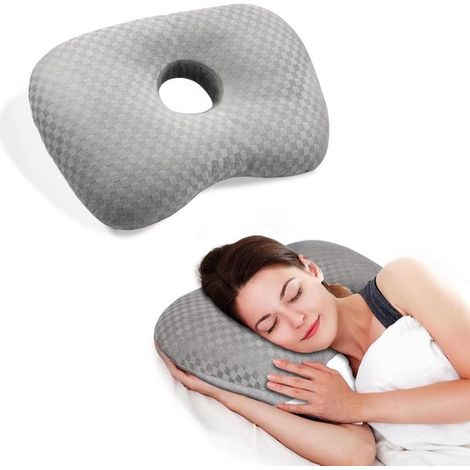 Oreiller orthopédique pour oreilles pour les personnes dormant sur le côté - Oreiller en forme de donut avec trou pour les soins des piercings - Soulage les douleurs inflammatoires de l'oreille (Gris) (1/4)