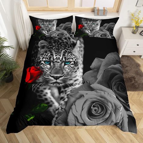 Housse de Couette 140x200 Safari Léopard avec 1 Taie d'oreiller, Parure de Lit Guépard Sauvage, Sets de Housses de Couettes Fleur de Rose Rouge, Couvre Lit Animaux de La Jungle - 140x200cm + 1 Taie Or (1/5)