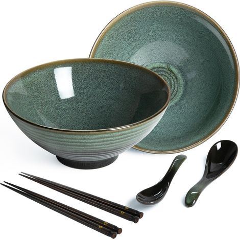 Lot de 2 bols à ramen japonais en céramique avec baguettes et cuillère, style asiatique en porcelaine, saladier, bol à soupe instantanée, 1200 ml, vert (1/5)