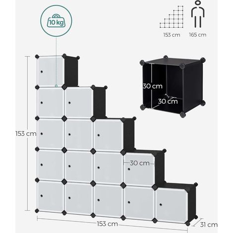 Modulares Aufbewahrungssystem, 16 Fächer, Kunststoffregal mit Türen, für Kleidung, Schuhe, Bücher, einfache Montage, Schwarz (1/4)