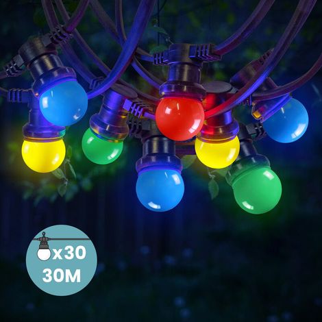 Guirlande lumineuse d'extérieur 30M IP65 – 30 bulbes E27 multicolores – Pour terrasses et événements – Résistante à l'eau et à la poussière