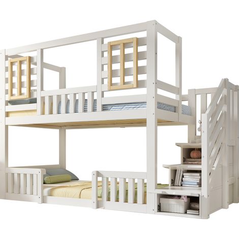 Lit superposé 90x200 cm blanc style cabane avec fenêtres en bois et escalier-rangement, lit enfant avec 2 couchages, sommier à lattes inclus, EN 747, sans matelas (1/5)