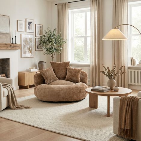 URBAN MEUBLE Canapé-lounge compressé — Pouf/canapé décontracté, durable et confortable, incluant trois coussins, en tissu chenille marron