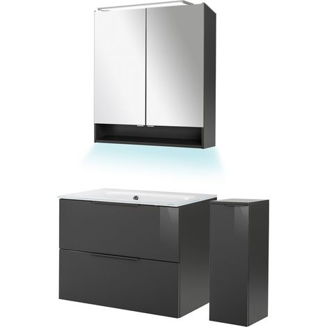 Fackelmann LUNA Badmöbel Set 5-teilig, 80 cm breit, Anthrazit, Glas Weiß+Spiegelschrank+Midischrank"-"90255145 (1/5)