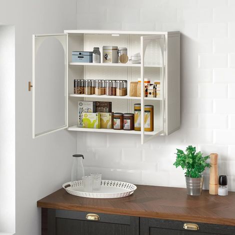 Mobile pensile 60x70x23 cm bianco in metallo e vetro temperato con motivo intrecciato e 2 ante (1/5)
