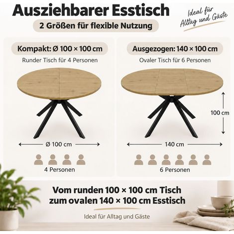 Table à Manger 140/100 x 100 cm extensible 4 à 6 places plateau rond ou ovale pieds en métal couleur bois (1/4)