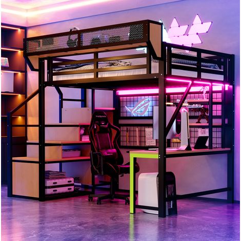 Metall-Hochbett Schwarz 140x200 cm mit Schreibtisch, Regalen, LED und Steckdosen