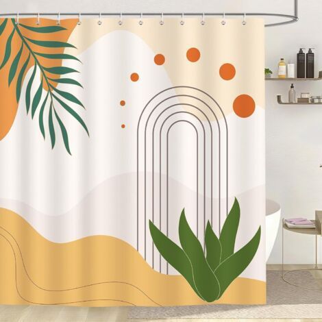 Rideau de Douche Boho Feuilles Abstraites 180x180cm, Rideaux de Douche Mid-Century pour Baignoire et Bain, Tissu Polyester Imperméable Anti Moisissure Lavable avec 12 Crochets (1/5)