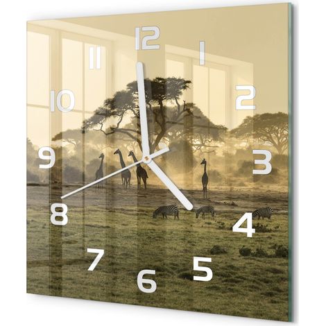 Horloge Murale Carrée Originale en Verre Silencieuse Design Moderne Salon Girafes dans la savane 30x30 cm (1/5)