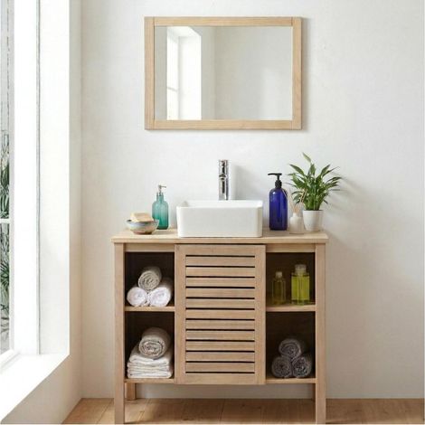 TALIX Badmöbel Set 90cm Eiche inkl Unterschrank Becken Armatur Spiegel