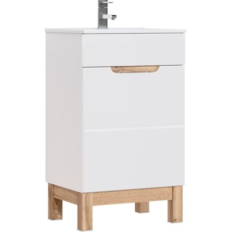 Waschtischunterschrank mit 52cm Keramik-Waschbecken SOLNA-56 Hochglanz weiß Wotaneiche, B/H/T ca. 52/85/40 cm (1/5)