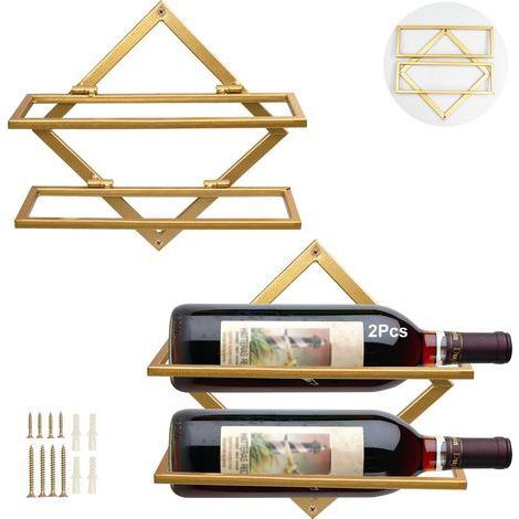 Supports Muraux pour Bouteilles de Vin en Métal, Rganisateur de Casier à Vin Suspendu Pliable pour 2 Bouteilles d'alcool, Étagère Murale Casier à Vin pour Cave De Bar De Cuisine (2, Gold-A)