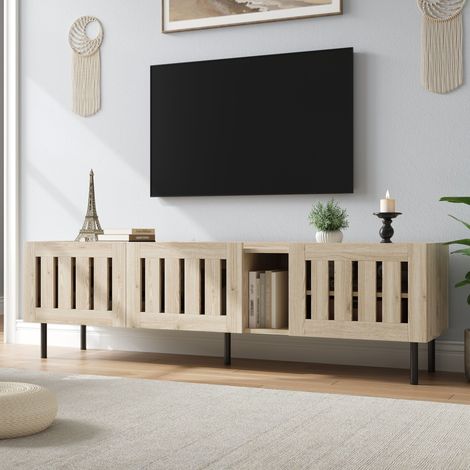 Meuble TV bas 160x40x47 cm style minimaliste en bois naturel et MDF,Design ajouré,Support pour téléviseur jusqu'à 65 pouces,Naturel