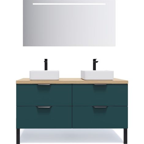 Meuble de salle de bain suspendu 2 vasques à poser 140cm 4 tiroirs Bleu + miroir - Soho (1/5)