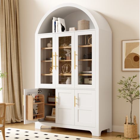 MODFU – Aparador vitrina 110x40x185 cm de MDF con nicho arqueado, 3 puertas de vidrio y estantes regulables, carga 50 kg – Blanco (1/5)