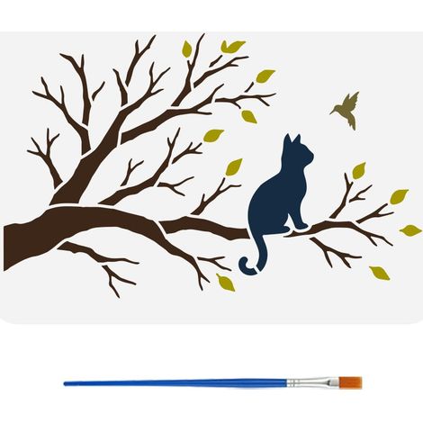 Pochoirs D'Arbres Avec Un Pinceau 29.7x21cm Pochoirs de Peinture pour Chats Pochoir Réutilisable Pet Motif Oiseaux Pochoir Thème Animal Modèle de Décoration pour Bois Mur Sol Meubles (1/5)