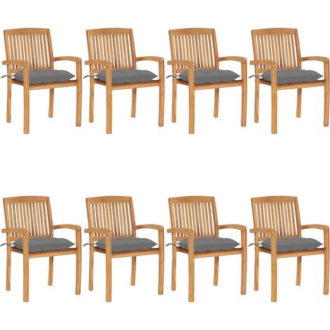 Chaises de jardin empilables avec coussins lot de 8 Teck solide (1/5)