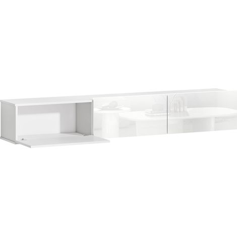 Mobile Porta TV fino a 82" Sospeso con 3 Armadietti a Ribalta e Ante Soft Close Bianco Lucido (1/5)