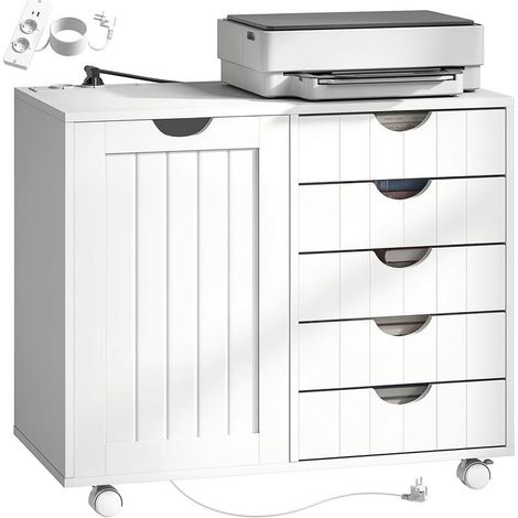 Meuble pour imprimante blanc avec station de charge et 5 tiroirs, port USB, 40x36x65 cm, bureau moderne connecté (1/5)