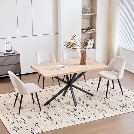 Esstisch mit 4 Stühlen, Rechteck 140x80cm, Cord-Stühle mit Hohlrückenlehne, Hell + Beige (1/5)