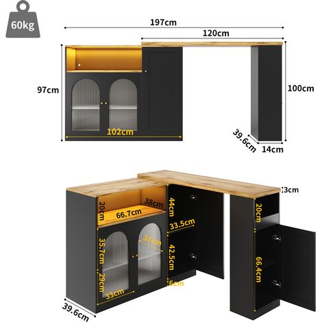 Meuble bar pivotant 360° (corps principal : 198 x 39,6 x 97 cm), en noir mat avec plateau bois, porte vitrée et éclairage LED, buffet, cellier à vins, coin café. (1/5)
