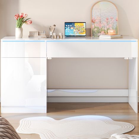 Escritorio 120x50x78 cm blanco en tablero de partículas lacado con LED, 2 cajones y 1 puerta (1/5)