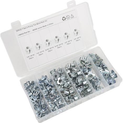 110 écrous en T, disponibles en tailles 1/4 pouce, 5/16 pouce et 3/8 pouce, fabriqués en acier galvanisé résistant à la corrosion, en forme de fourche. (1/5)
