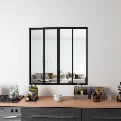 Aica Sanitaire – Cloison verrière coulissante en aluminium noir – L123xH108cm – 4 panneaux en verre trempé 4mm – Séparation élégante cuisine salon