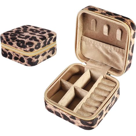 Boîte à bijoux - Petit organisateur de voyage pour colliers, boucles d'oreilles, bracelets, bagues - Boîte de rangement en velours - Motif léopard - Cadeau pour filles et femmes (léopard) (1/5)