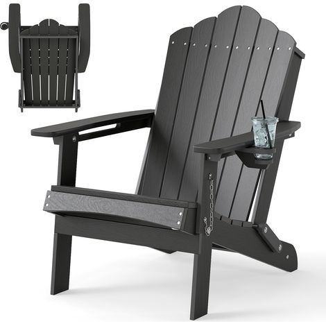 COSTWAY Folding Adirondack Chair HDPE Beach Lounge with Drink Holder Grey (1/5)