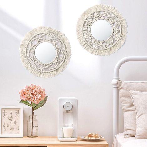 Lot de 2 miroirs muraux suspendables avec frettes en macramé, miroir bohème rond tissé, décoration murale pour appartement, maison, chambre d'enfant, chambre à coucher, salon (1/5)