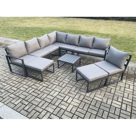 Fimous 10 Seater Patio Outdoor Garden Furniture Aluminium Lounge Corner Sofa Set with Square Coffee Table 2 Big Footstools Dark Grey (1/5)