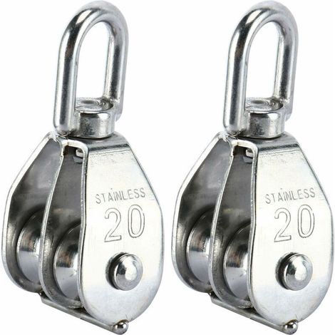 Lot de 2 blocs de poulie double en acier inoxydable 304 avec crochet pivotant à double poulie (M20) (1/4)