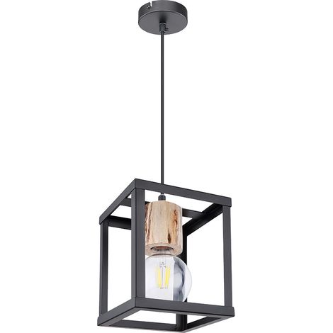 Pendellampe Esstisch Schlafzimmerleuchte schwarz Hängelampe modern, Industrial Hängeleuchte Metall Rahmen Holzoptik, 1x E27 Fassung, LxBxH 17x17x120cm
